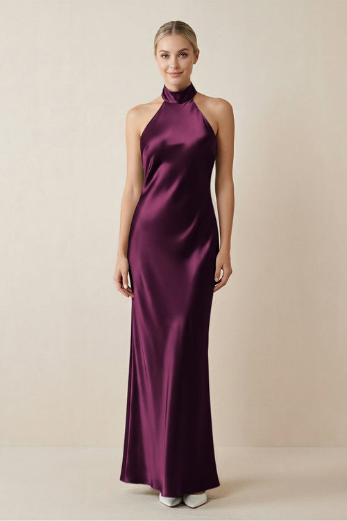 Halter Sheath Satin Bridesmaid Dress in Sangria - KISS BRIDAL Bridesmaid Dresses