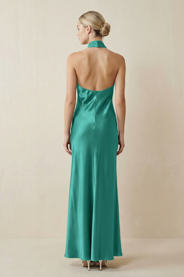 Halter Sheath Satin Bridesmaid Dress in Sea Glass - KISS BRIDAL Bridesmaid Dresses