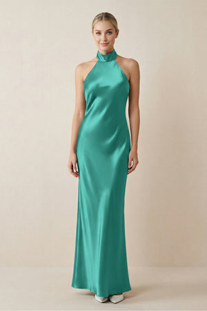 Halter Sheath Satin Bridesmaid Dress in Sea Glass - KISS BRIDAL Bridesmaid Dresses