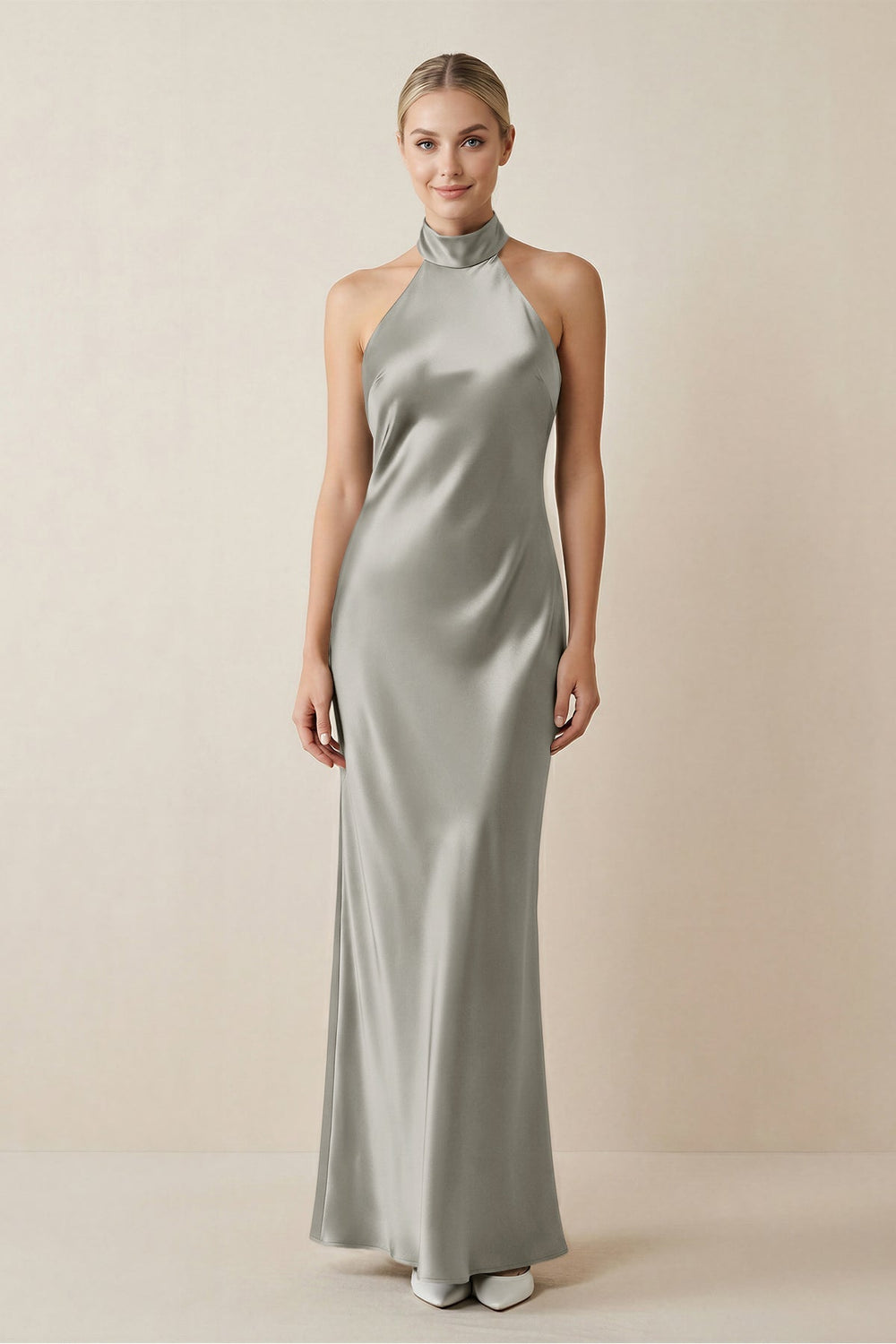 Halter Sheath Satin Bridesmaid Dress in Silver - KISS BRIDAL Bridesmaid Dresses