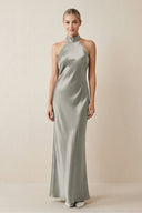 Halter Sheath Satin Bridesmaid Dress in Silver - KISS BRIDAL Bridesmaid Dresses