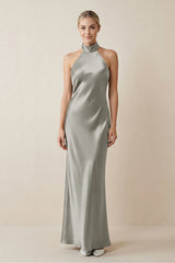 Halter Sheath Satin Bridesmaid Dress in Silver - KISS BRIDAL Bridesmaid Dresses