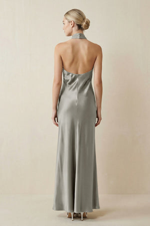 Halter Sheath Satin Bridesmaid Dress in Silver - KISS BRIDAL Bridesmaid Dresses
