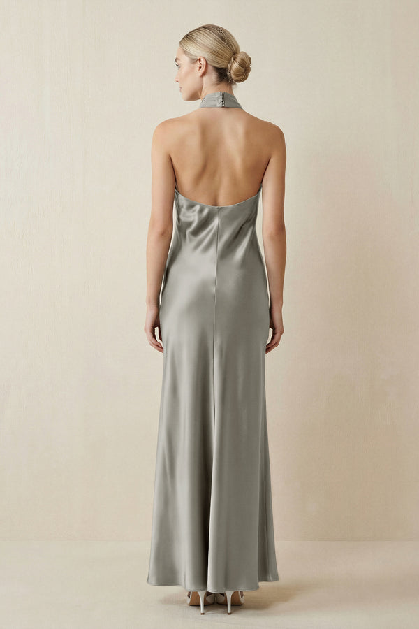Halter Sheath Satin Bridesmaid Dress in Silver - KISS BRIDAL Bridesmaid Dresses
