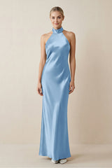 Halter Sheath Satin Bridesmaid Dress in Sky Blue - KISS BRIDAL Bridesmaid Dresses