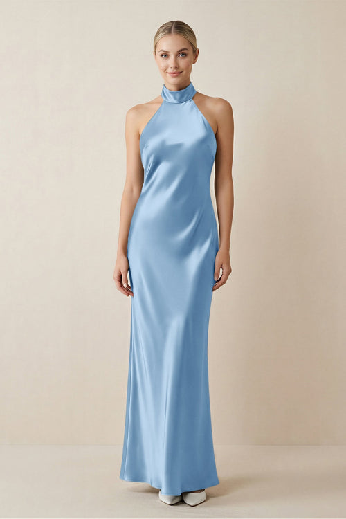 Halter Sheath Satin Bridesmaid Dress in Sky Blue - KISS BRIDAL Bridesmaid Dresses