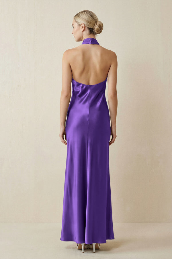 Halter Sheath Satin Bridesmaid Dress in Tahiti - KISS BRIDAL Bridesmaid Dresses