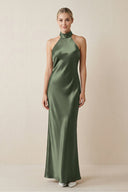 Halter Sheath Satin Bridesmaid Dress in Thyme - KISS BRIDAL Bridesmaid Dresses