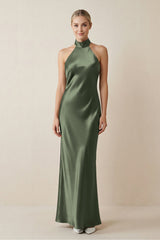 Halter Sheath Satin Bridesmaid Dress in Thyme - KISS BRIDAL Bridesmaid Dresses