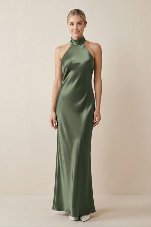 Halter Sheath Satin Bridesmaid Dress in Thyme - KISS BRIDAL Bridesmaid Dresses