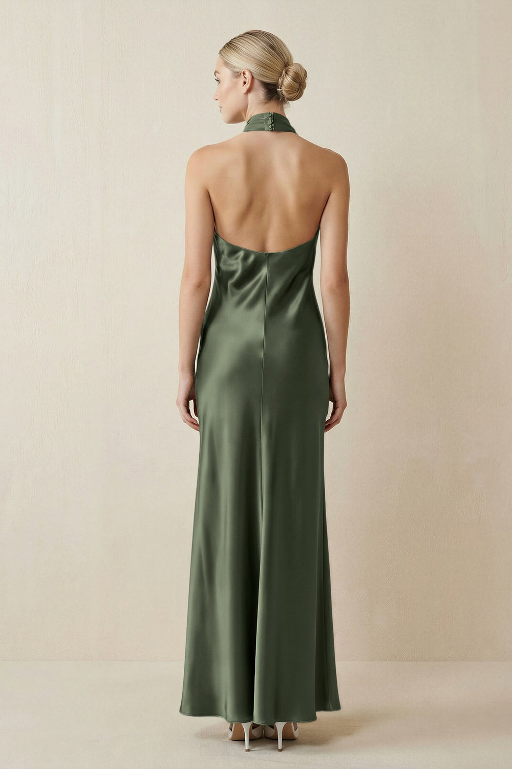 Halter Sheath Satin Bridesmaid Dress in Thyme - KISS BRIDAL Bridesmaid Dresses