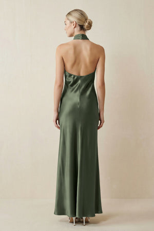 Halter Sheath Satin Bridesmaid Dress in Thyme - KISS BRIDAL Bridesmaid Dresses
