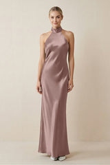 Halter Sheath Satin Bridesmaid Dress in Toffee - KISS BRIDAL Bridesmaid Dresses