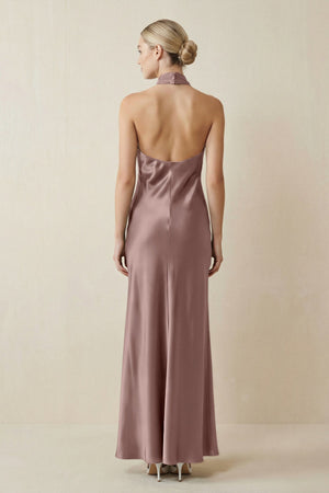 Halter Sheath Satin Bridesmaid Dress in Toffee - KISS BRIDAL Bridesmaid Dresses