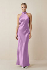 Halter Sheath Satin Bridesmaid Dress in Vintage Mauve - KISS BRIDAL Bridesmaid Dresses