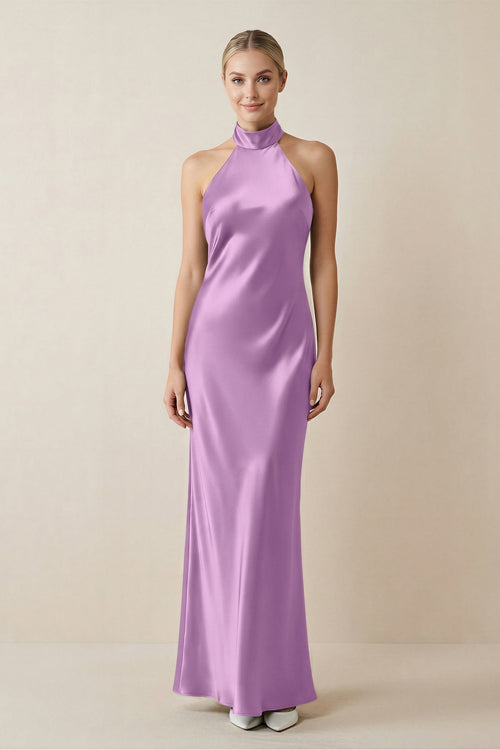 Halter Sheath Satin Bridesmaid Dress in Vintage Mauve - KISS BRIDAL Bridesmaid Dresses