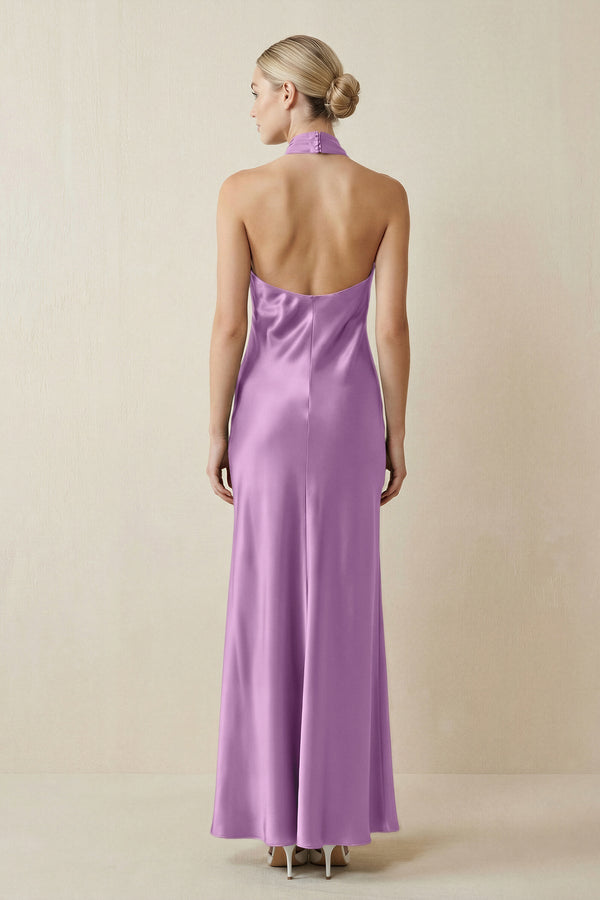 Halter Sheath Satin Bridesmaid Dress in Vintage Mauve - KISS BRIDAL Bridesmaid Dresses