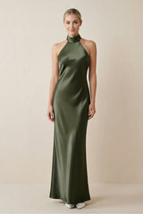 Halter Sheath Satin Bridesmaid Dress in Willow Green - KISS BRIDAL Bridesmaid Dresses
