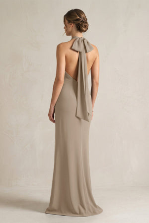 Halter Sheath Satin Bridesmaid Dress With Bow in Almond - KISS BRIDAL Bridesmaid Dresses