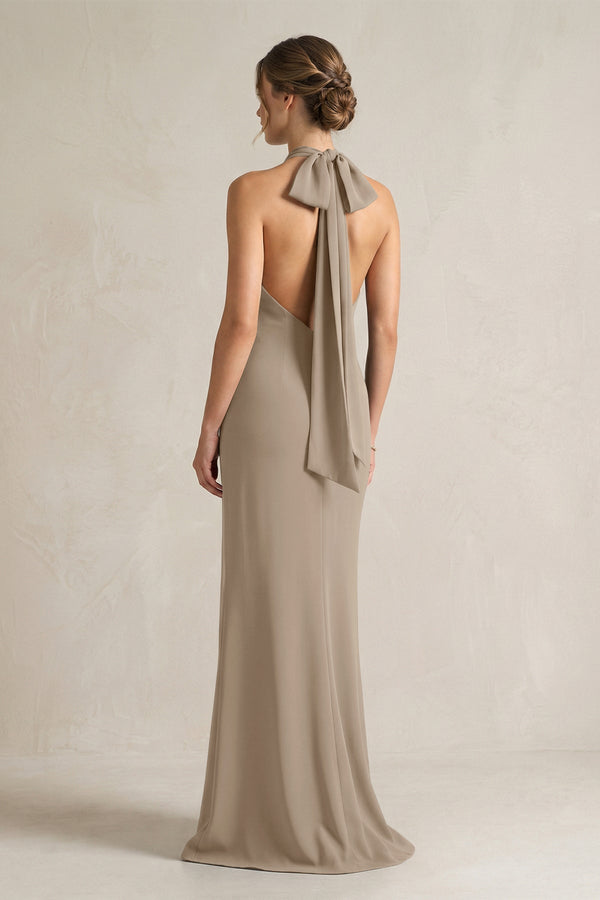 Halter Sheath Satin Bridesmaid Dress With Bow in Almond - KISS BRIDAL Bridesmaid Dresses