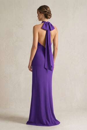 Halter Sheath Satin Bridesmaid Dress With Bow in Amethyst - KISS BRIDAL Bridesmaid Dresses