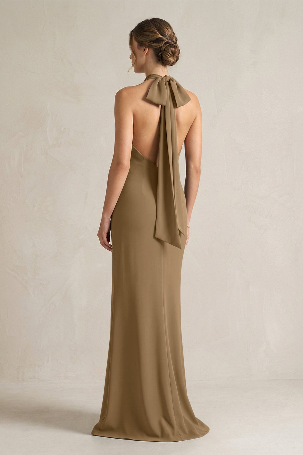 Halter Sheath Satin Bridesmaid Dress With Bow in Apple Cinnamon - KISS BRIDAL Bridesmaid Dresses