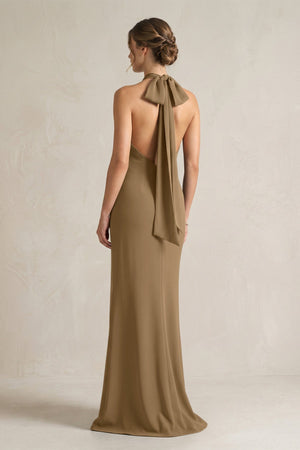Halter Sheath Satin Bridesmaid Dress With Bow in Apple Cinnamon - KISS BRIDAL Bridesmaid Dresses