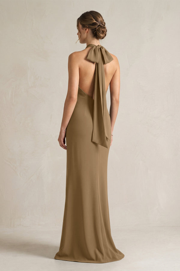 Halter Sheath Satin Bridesmaid Dress With Bow in Apple Cinnamon - KISS BRIDAL Bridesmaid Dresses