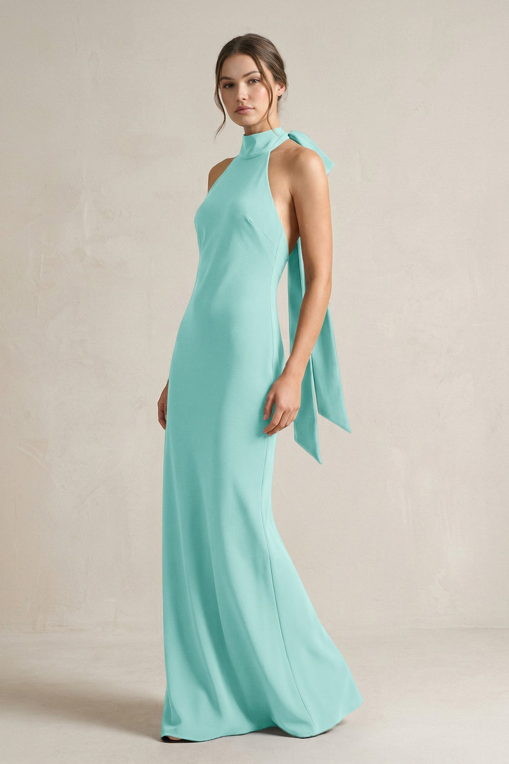 Halter Sheath Satin Bridesmaid Dress With Bow in Aqua - KISS BRIDAL Bridesmaid Dresses