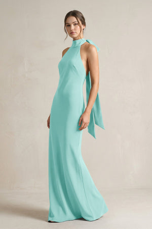 Halter Sheath Satin Bridesmaid Dress With Bow in Aqua - KISS BRIDAL Bridesmaid Dresses