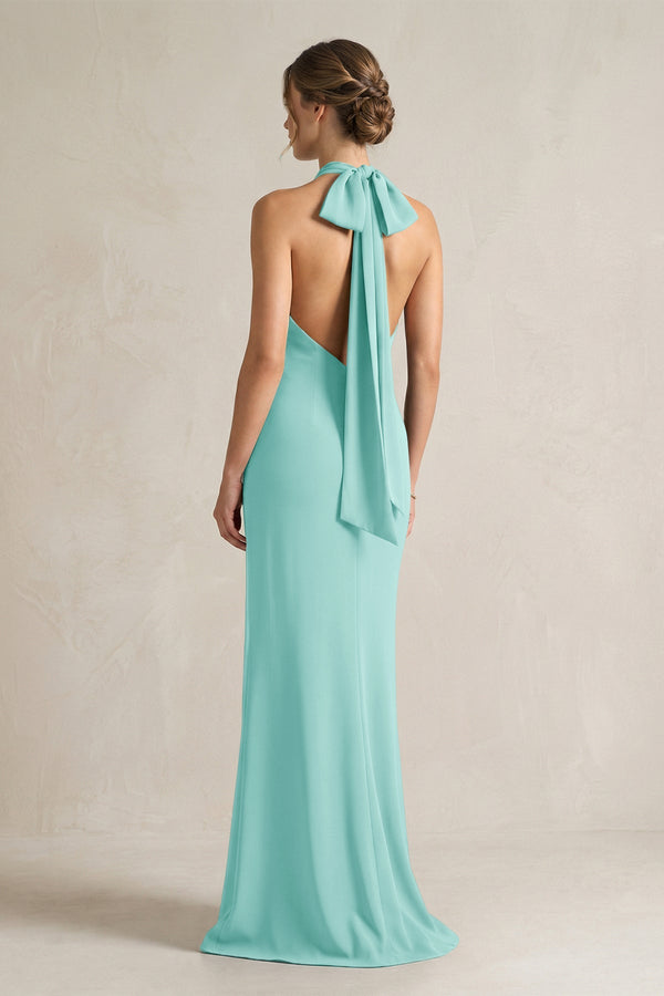 Halter Sheath Satin Bridesmaid Dress With Bow in Aqua - KISS BRIDAL Bridesmaid Dresses