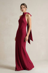 Halter Sheath Satin Bridesmaid Dress With Bow in Berry - KISS BRIDAL Bridesmaid Dresses
