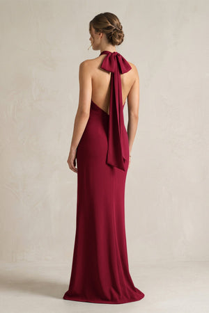 Halter Sheath Satin Bridesmaid Dress With Bow in Berry - KISS BRIDAL Bridesmaid Dresses