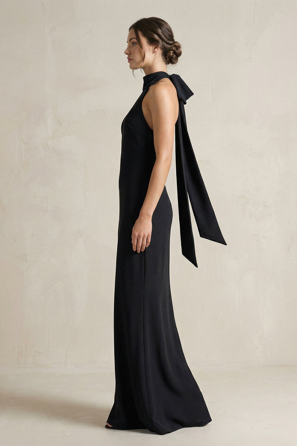 Halter Sheath Satin Bridesmaid Dress With Bow in Black - KISS BRIDAL Bridesmaid Dresses