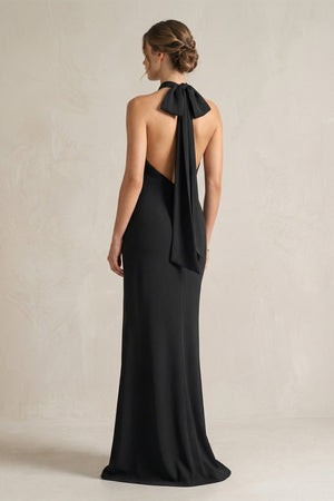 Halter Sheath Satin Bridesmaid Dress With Bow in Black - KISS BRIDAL Bridesmaid Dresses