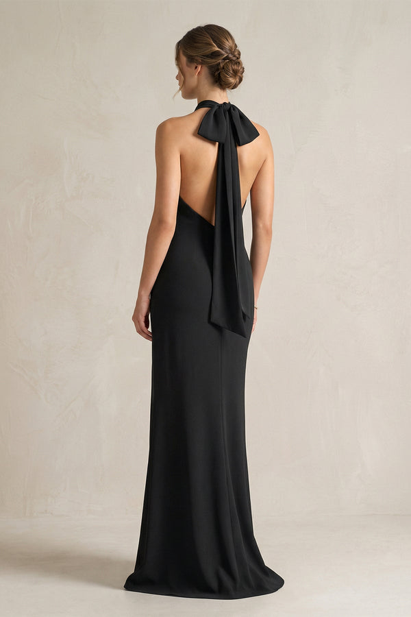 Halter Sheath Satin Bridesmaid Dress With Bow in Black - KISS BRIDAL Bridesmaid Dresses