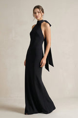 Halter Sheath Satin Bridesmaid Dress With Bow in Black - KISS BRIDAL Bridesmaid Dresses