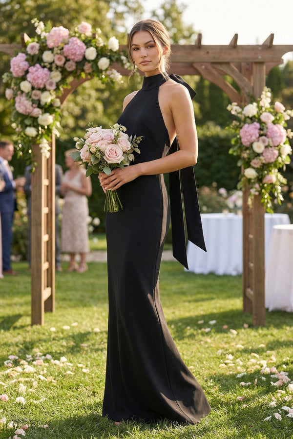 Halter Sheath Satin Bridesmaid Dress With Bow in Black - KISS BRIDAL Bridesmaid Dresses