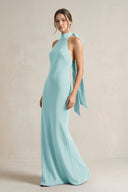 Halter Sheath Satin Bridesmaid Dress With Bow in Bleached Aqua - KISS BRIDAL Bridesmaid Dresses