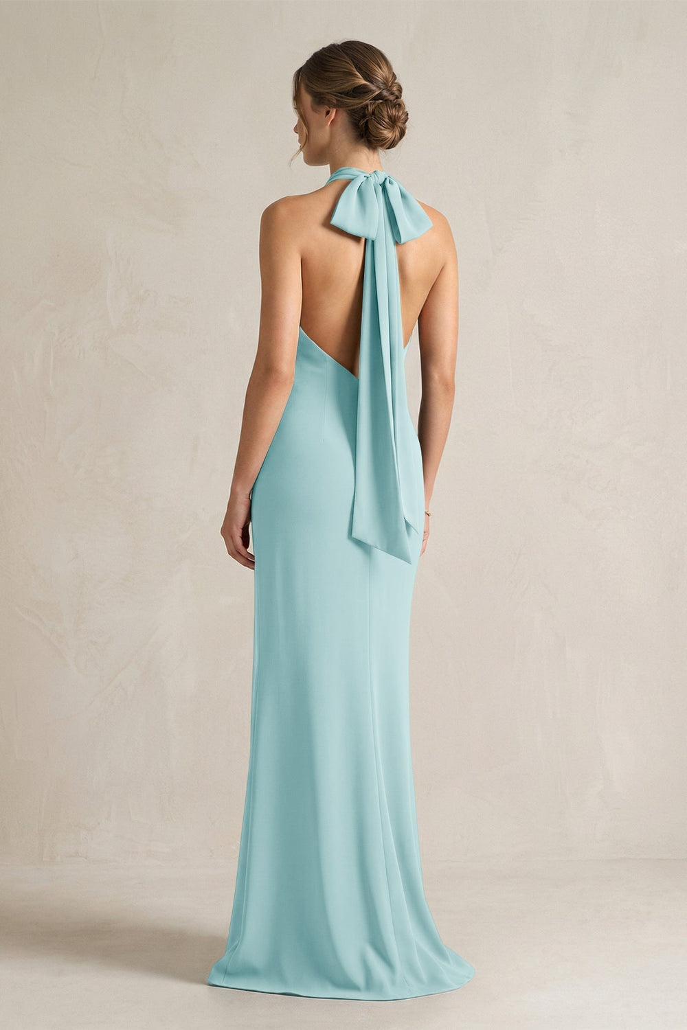 Halter Sheath Satin Bridesmaid Dress With Bow in Bleached Aqua - KISS BRIDAL Bridesmaid Dresses