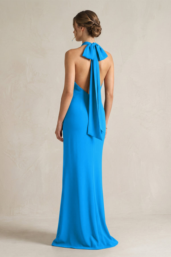 Halter Sheath Satin Bridesmaid Dress With Bow in Blue Jay - KISS BRIDAL Bridesmaid Dresses