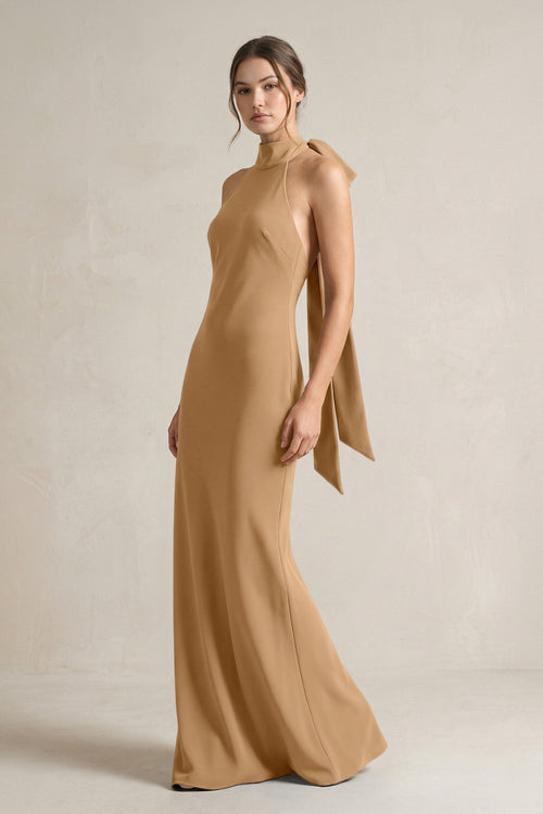 Halter Sheath Satin Bridesmaid Dress With Bow in Bronzer - KISS BRIDAL Bridesmaid Dresses