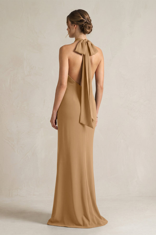 Halter Sheath Satin Bridesmaid Dress With Bow in Bronzer - KISS BRIDAL Bridesmaid Dresses