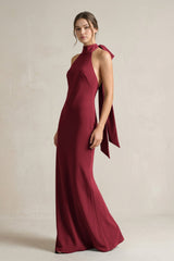 Halter Sheath Satin Bridesmaid Dress With Bow in Burgundy - KISS BRIDAL Bridesmaid Dresses