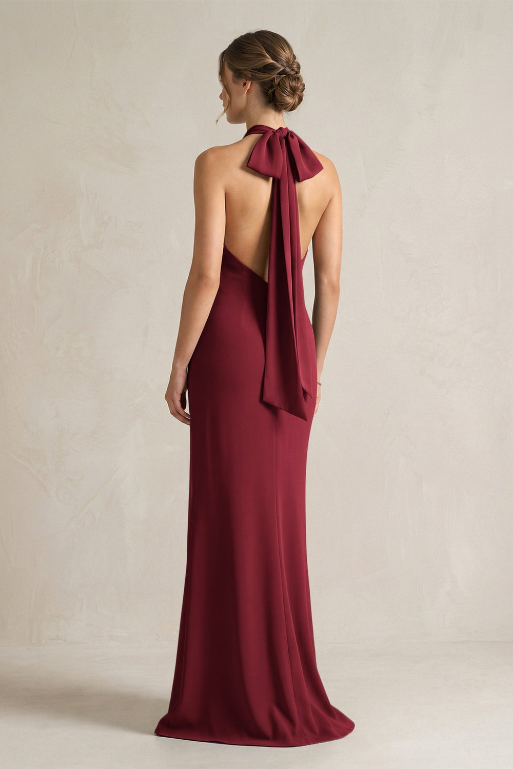 Halter Sheath Satin Bridesmaid Dress With Bow in Burgundy - KISS BRIDAL Bridesmaid Dresses
