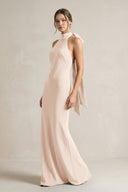 Halter Sheath Satin Bridesmaid Dress With Bow in Buttercream - KISS BRIDAL Bridesmaid Dresses