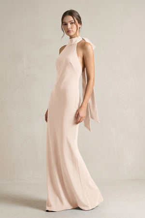 Halter Sheath Satin Bridesmaid Dress With Bow in Buttercream - KISS BRIDAL Bridesmaid Dresses