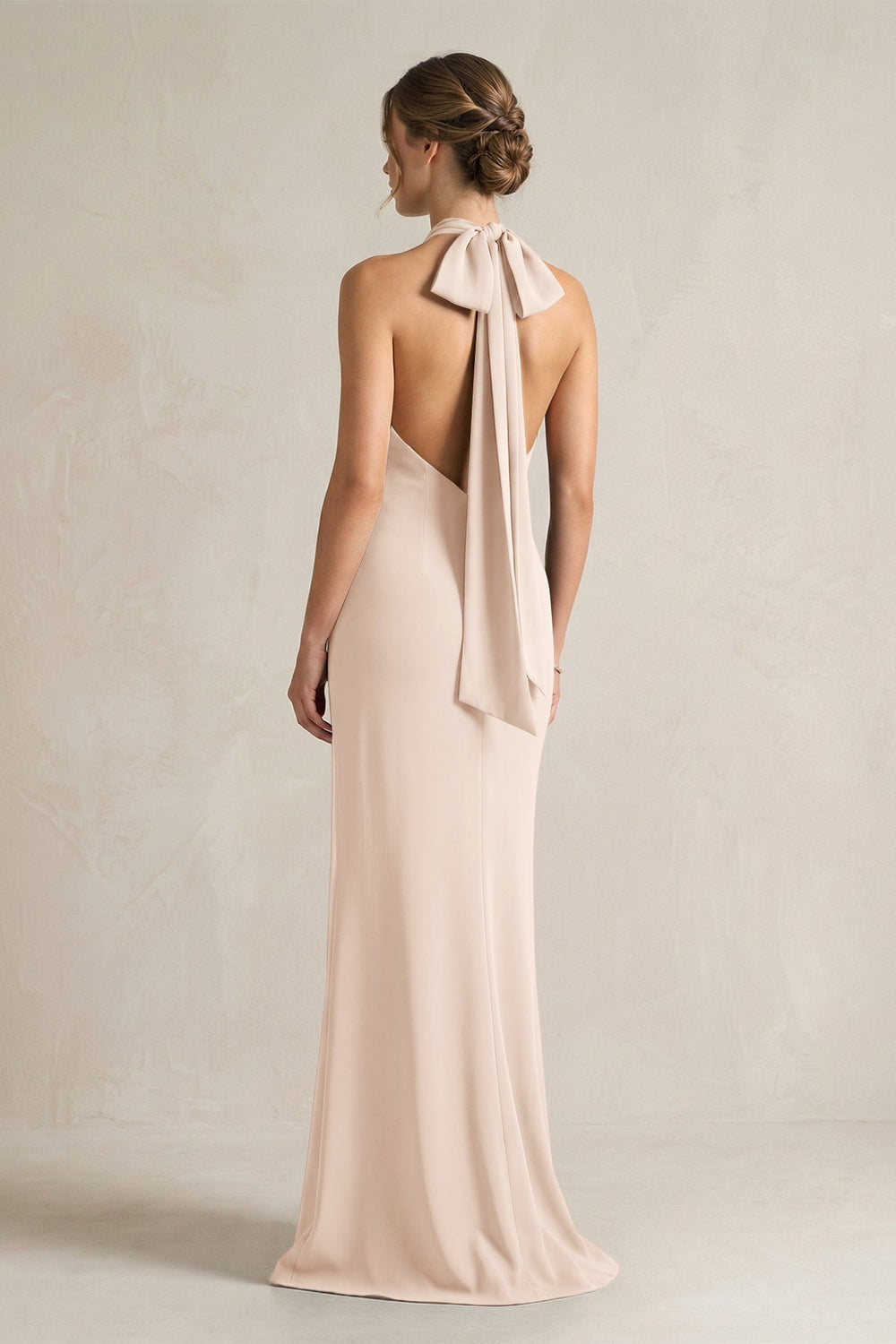 Halter Sheath Satin Bridesmaid Dress With Bow in Buttercream - KISS BRIDAL Bridesmaid Dresses