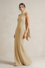 Halter Sheath Satin Bridesmaid Dress With Bow in Champagne - KISS BRIDAL Bridesmaid Dresses