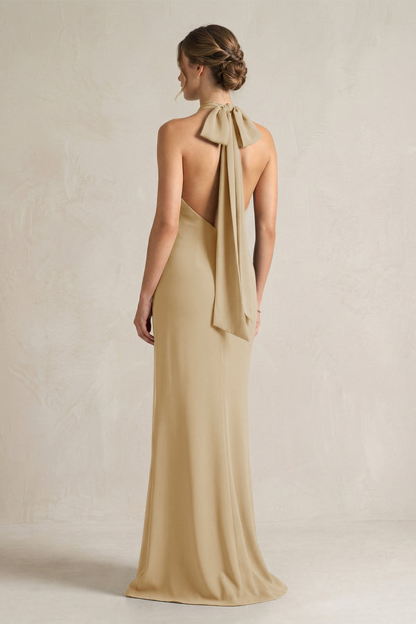 Halter Sheath Satin Bridesmaid Dress With Bow in Champagne - KISS BRIDAL Bridesmaid Dresses